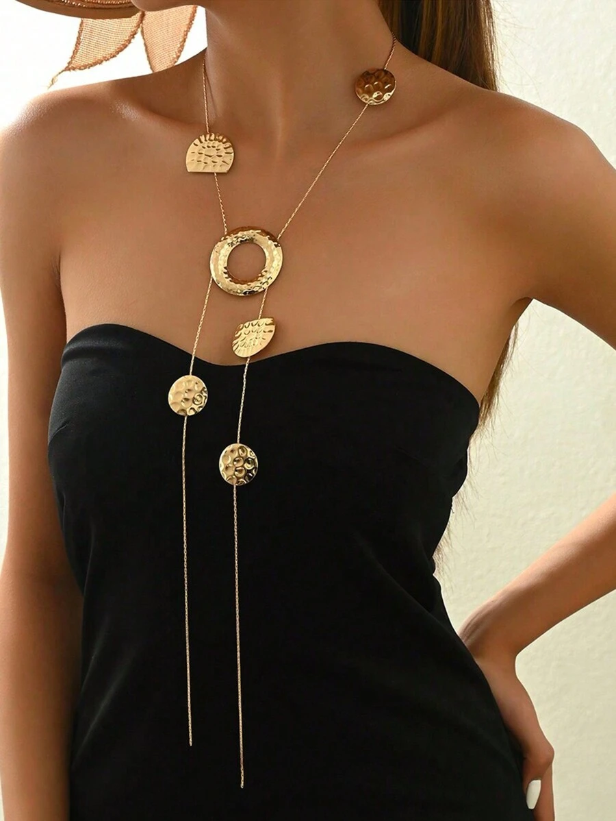 1 chiếc vòng cổ dài hình học hình đĩa đập thời trang dành cho nữ hình tròn chữ Y có dây chuyền đeo cổ cá nhân hóa - Vàng - Xem 1