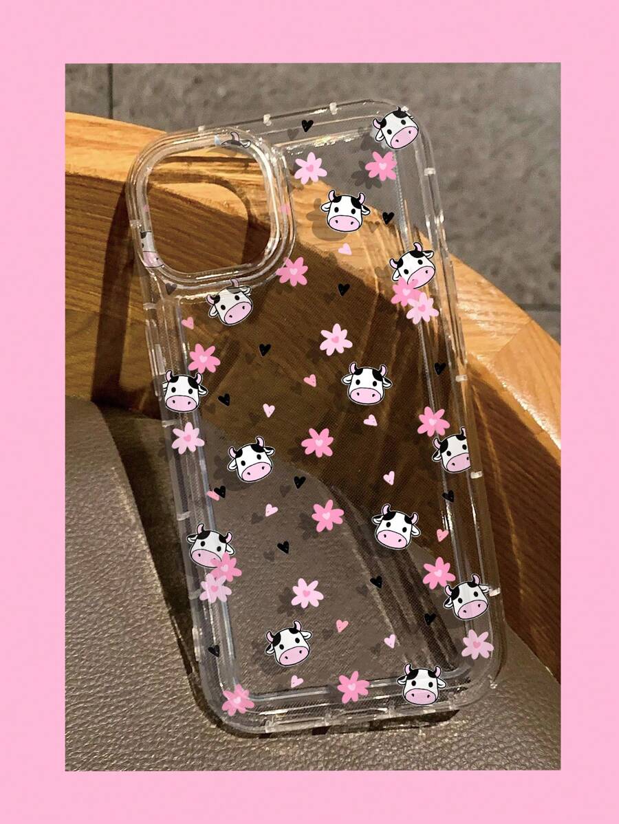 Ins Vibes Cute Cartoon Flowers & Cow Print Clear Case Compatible With IPhone11/12/13/14/15/15pro/15 Plus/15 Promax/7plus/8plus/X/Xs Max/Xr/11pro/12pro/13pro/14pro/12mini/13mini/11promax/12promax/13promax/14promax/14plus/6/6s/6plus/7/8/Se&Compatible With Samsung Galaxy /A54/A14/A12/A13/A15/A32/A33/A24/A52S/S20/S21/S22/S23/S24/S23Plus/S24ultra Waterproof Shockproof Anti-Fall Scratch Resistant