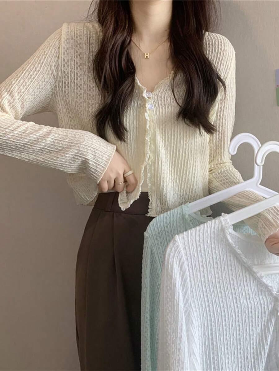 1pc Women Summer Lace Floral Sheer Long Sleeve Sun Protection Shirt, V-Neck Short Style Top - Multicolor - View 1