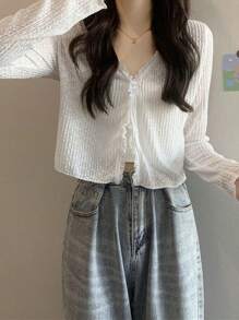 1pc Women Summer Lace Floral Sheer Long Sleeve Sun Protection Shirt, V-Neck Short Style Top - Multicolor - View 6
