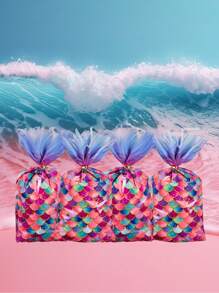 25个可爱紫色美人鱼图案美人鱼尾巴糖果礼品袋，主题生日派对用品，饼干袋，装饰品，感恩节和圣诞节礼物，食品包装袋，烘焙用品 - 彩色 - 查看 5