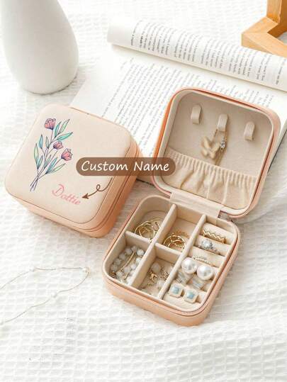 1 caixa de joias feminina personalizada com nome e flor de nascimento, organizador de joias de couro personalizado e moderno, presente perfeito para mães, namoradas, aniversários, presente de Natal requintado e memorável para mães no Dia das Mães, elegante, colorido, vintage, simples, unissex, casual, fofos, personalizado, único, presentes ideais para ele, presentes ideais para ela, temporada de bailes, outono chique, joias e relógios, caixas de presente personalizadas