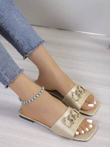 Donna semplici sandali piatti con decorazione a catena, ciabatte in tessuto casual con 2 modi di infilamento, nuove scarpe estive