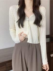 1pc Women Summer Lace Floral Sheer Long Sleeve Sun Protection Shirt, V-Neck Short Style Top - Multicolor - View 2