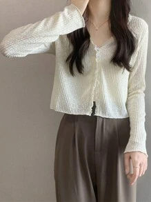 1pc Women Summer Lace Floral Sheer Long Sleeve Sun Protection Shirt, V-Neck Short Style Top - Multicolor - View 4