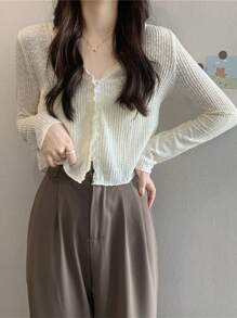 1pc Women Summer Lace Floral Sheer Long Sleeve Sun Protection Shirt, V-Neck Short Style Top - Multicolor - View 3