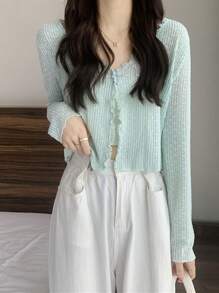 1pc Women Summer Lace Floral Sheer Long Sleeve Sun Protection Shirt, V-Neck Short Style Top - Multicolor - View 8