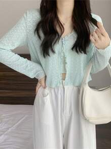 1pc Women Summer Lace Floral Sheer Long Sleeve Sun Protection Shirt, V-Neck Short Style Top - Multicolor - View 9