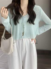 1pc Women Summer Lace Floral Sheer Long Sleeve Sun Protection Shirt, V-Neck Short Style Top - Multicolor - View 7