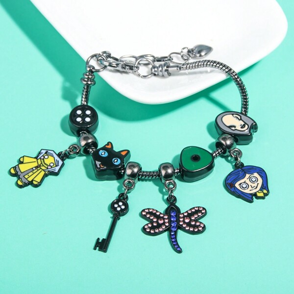 rongji jewelry 1 pulsera de botón con estilo de gato negro de dibujos animados con llave negra y colgante DIY de libélula para uso diario