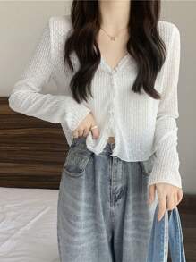 1pc Women Summer Lace Floral Sheer Long Sleeve Sun Protection Shirt, V-Neck Short Style Top - Multicolor - View 12