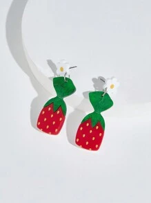 1pair Fashionable European & American Acrylic Flower & Red Strawberry Earrings For Women Valentines