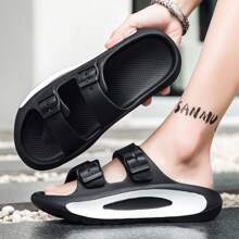 Men Color-Block Slipper With Buckle Decor, Suitable For Street Style, College Students, Casual Wear, Outdoor Walking, Beach, And Bathroom Use, Wear-Resistant, Anti-Slip, Fast-Drying, And Waterproof