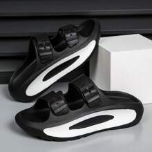 Men Color-Block Slipper With Buckle Decor, Suitable For Street Style, College Students, Casual Wear, Outdoor Walking, Beach, And Bathroom Use, Wear-Resistant, Anti-Slip, Fast-Drying, And Waterproof