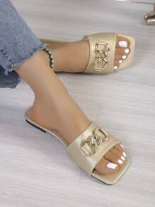 Donna semplici sandali piatti con decorazione a catena, ciabatte in tessuto casual con 2 modi di infilamento, nuove scarpe estive