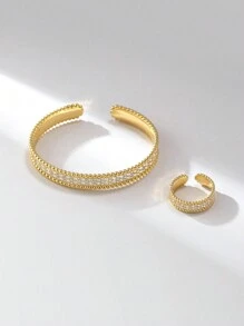 1 Set Of 2 Copper Bracelets & Rings Plated With 14K Gold And Cubic Zirconia, Suitable For Women Daily Wear