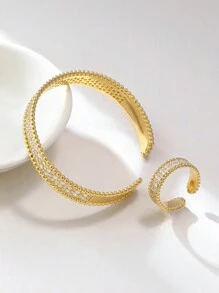 1 Set Of 2 Copper Bracelets & Rings Plated With 14K Gold And Cubic Zirconia, Suitable For Women Daily Wear