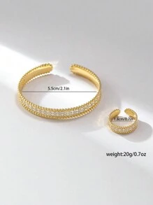 1 Set Of 2 Copper Bracelets & Rings Plated With 14K Gold And Cubic Zirconia, Suitable For Women Daily Wear