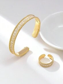 1 Set Of 2 Copper Bracelets & Rings Plated With 14K Gold And Cubic Zirconia, Suitable For Women Daily Wear