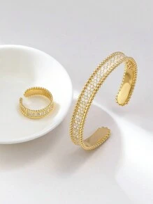 1 Set Of 2 Copper Bracelets & Rings Plated With 14K Gold And Cubic Zirconia, Suitable For Women Daily Wear