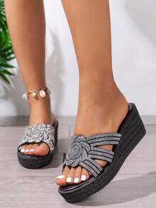 2024 Mùa hè Phong cách mới Đúng mốt Trang trí kim cương Dày Nền tảng Nêm Cao gót Trượt Với Dây đai Đối với Ngoài trời bờ biển Hoạt động - màu đen - Xem 2