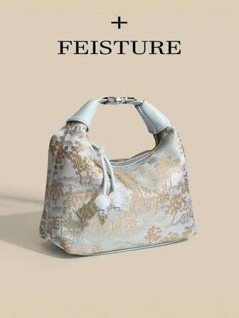 FEISTURE 1pc Solid Color Nylon Fabric Chinese-Style Embroidery Pattern Handheld Bucket Bag Suitable For Shopping, Dating, Women Gifts, White-Collars , Especially For Office, School, Work, Commute