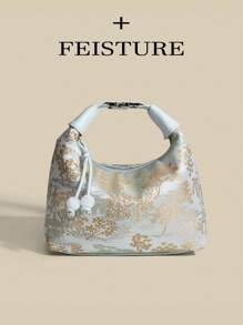 FEISTURE 1pc Solid Color Nylon Fabric Chinese-Style Embroidery Pattern Handheld Bucket Bag Suitable For Shopping, Dating, Women Gifts, White-Collars , Especially For Office, School, Work, Commute