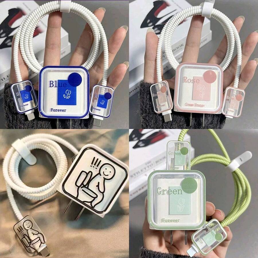 5入組卡通塗鴉數據線保護套，適用於 iPhone 充電器，防止斷裂外殼