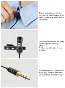 領夾式麥克風適用於 iPhone 智慧手機 PC 電腦，3.5mm 迷你扣式電容式麥克風套件，適用於錄製視頻，Vlog，播客，Zoom 會議，配有79英寸延長線，插拔即用，全向性極地圖案 - FIFINE C2A - 黑色 - 查看 8