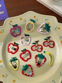 10pcs Girls Fruit Theme Hair Clips (Randomly Sent Apple/Cherry/Strawberry Design), Summer Cute Gradient Resin Barrette - Multicolor - View 1