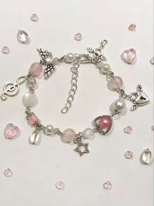 1pc Fashionable Handmade Beaded Bracelet With Wing, Lock, Key And Music Note Pendants, For Women, Daily/Beach Wear - Hồng - Xem 1