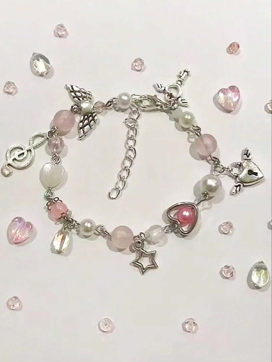 1pc Fashionable Handmade Beaded Bracelet With Wing, Lock, Key And Music Note Pendants, For Women, Daily/Beach Wear - Hồng - Xem 1