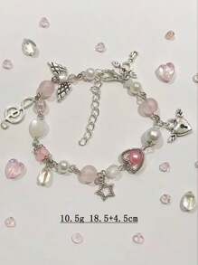 1pc Fashionable Handmade Beaded Bracelet With Wing, Lock, Key And Music Note Pendants, For Women, Daily/Beach Wear - Hồng - Xem 4