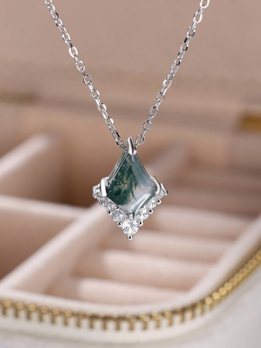 1 Stück Elegante Und Luxuriöse Halskette Mit Anhänger Aus 925er Sterlingsilber Mit Geometrischem Rhombus Und Grünem Achat, Geschenk Für Dating Oder Partys Zum Jahrestag