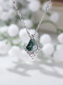 1 Stück Elegante Und Luxuriöse Halskette Mit Anhänger Aus 925er Sterlingsilber Mit Geometrischem Rhombus Und Grünem Achat, Geschenk Für Dating Oder Partys Zum Jahrestag