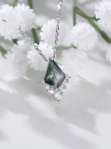1 Stück Elegante Und Luxuriöse Halskette Mit Anhänger Aus 925er Sterlingsilber Mit Geometrischem Rhombus Und Grünem Achat, Geschenk Für Dating Oder Partys Zum Jahrestag