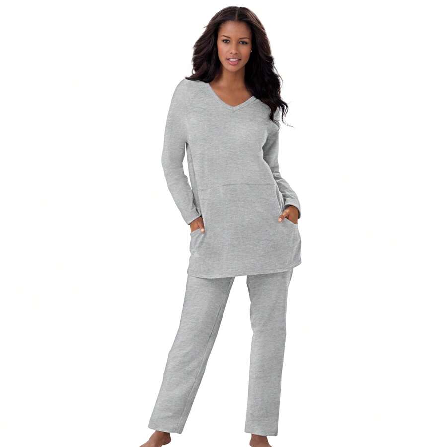 Dreams & Co. Plus Size Petite 2-Piece Lounge Set - 希瑟.格雷 - 查看 1