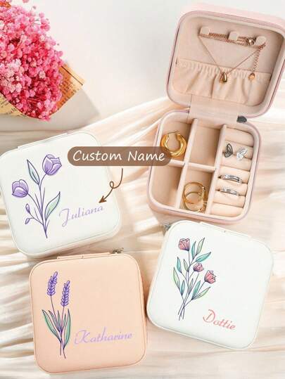 1 caixa de joias personalizada com nome e flor de nascimento, organizador de joias de couro personalizado e moderno, presente perfeito para mães, namoradas, aniversários, presente de Natal requintado e memorável para mães no Dia das Mães, elegante, colorido, vintage, simples, unissex, casual, fofos, personalizado, único, presentes ideais para ele, presentes ideais para ela, temporada de bailes, outono chique, joias e relógios, caixas de presente personalizadas