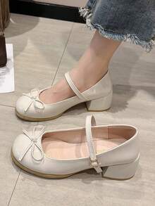 瑪麗珍高跟鞋，春秋新品，法式復古風格，粗跟，帶扣白色PU皮鞋，優雅青少女鞋 - 米色 - 查看 2