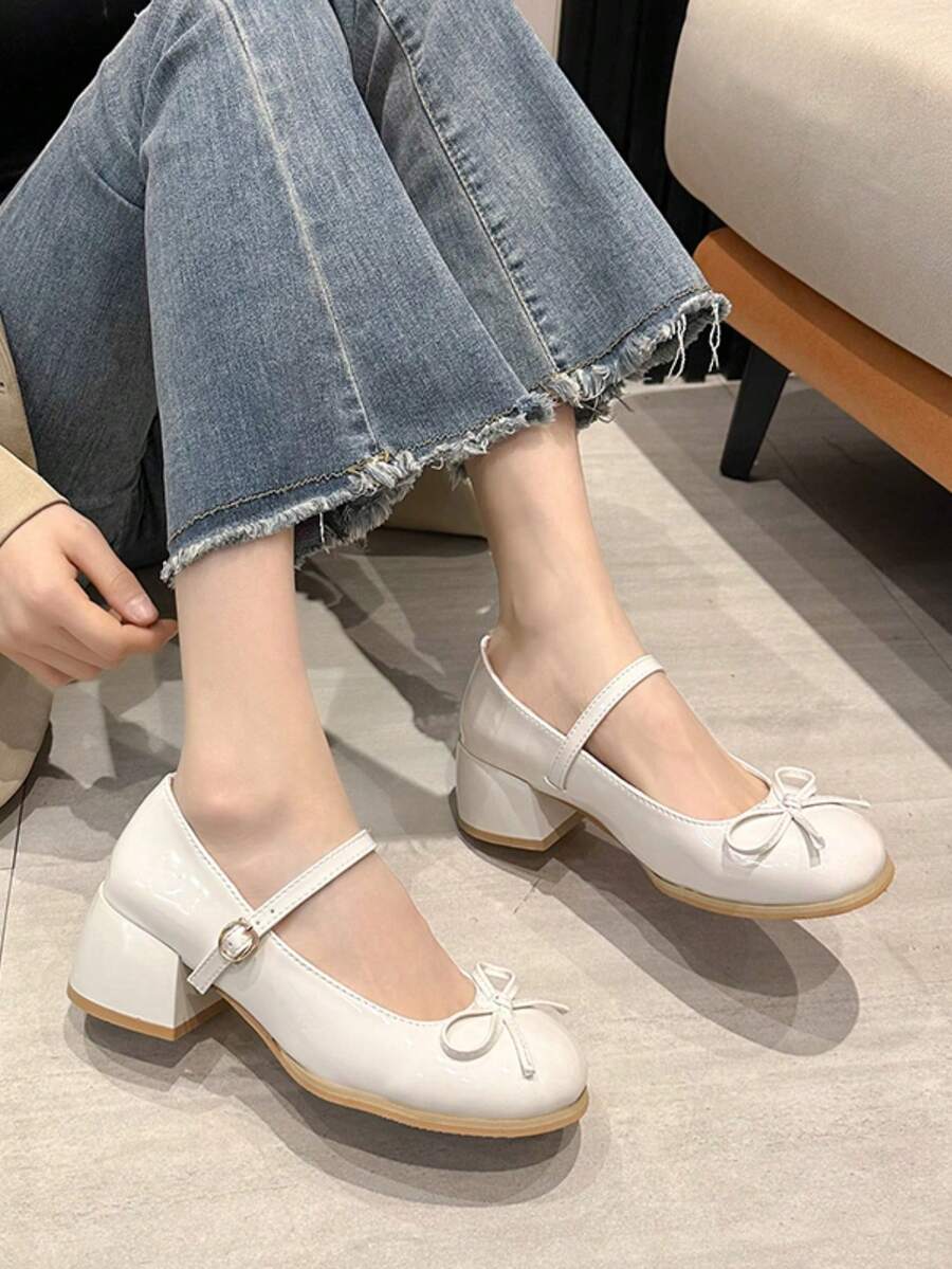 瑪麗珍高跟鞋，春秋新品，法式復古風格，粗跟，帶扣白色PU皮鞋，優雅青少女鞋 - 米色 - 查看 1
