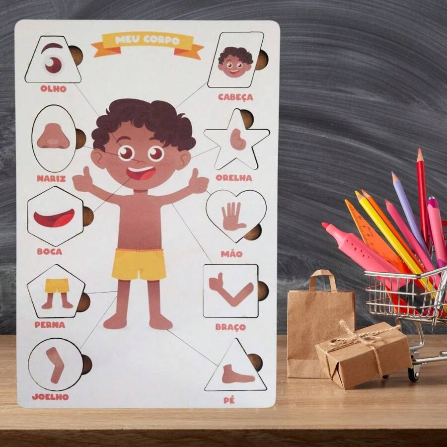 Quebra Cabeça Encaixe Corpo Humano Menino Madeira Jogo Educativo Pedagógico Tabuleiro Colorido Corpo Humano em MDF Madeira Ecológica