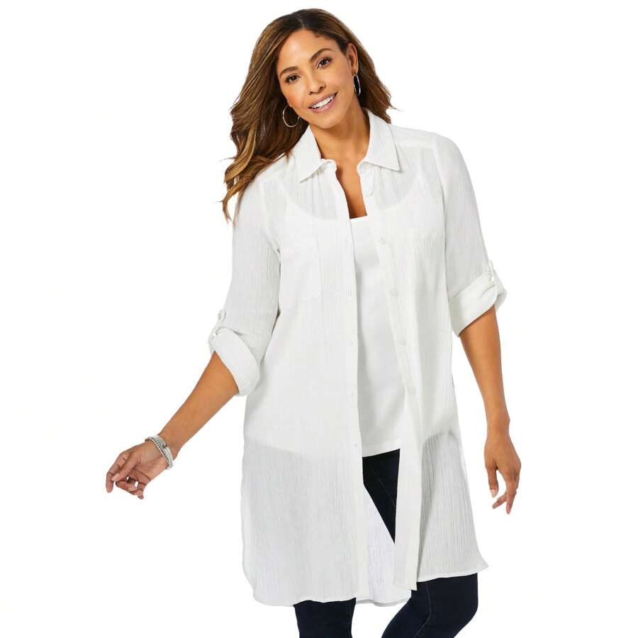 Jessica London Women's Plus Size Gauze Mega Tunic - trắng - Xem 1