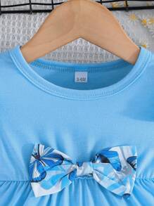 Baby Girl Summer Short Sleeve Top With Ruffle Trim , Round Neck, Bowknot Detail And Butterfly Print Casual Pants Set - Blue - View 2