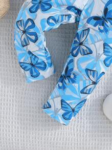 Baby Girl Summer Short Sleeve Top With Ruffle Trim , Round Neck, Bowknot Detail And Butterfly Print Casual Pants Set - Blue - View 4