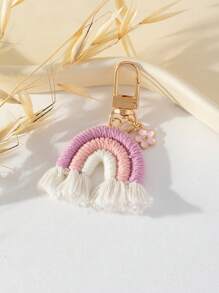 Adorable Rainbow Flower Handbag Charm 1pc Plush Keychain Crochet Accessories - Pink - View 2