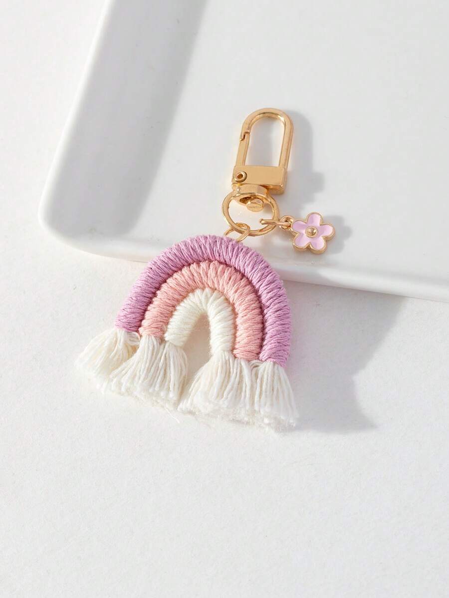 Adorable Rainbow Flower Handbag Charm 1pc Plush Keychain Crochet Accessories - Pink - View 1