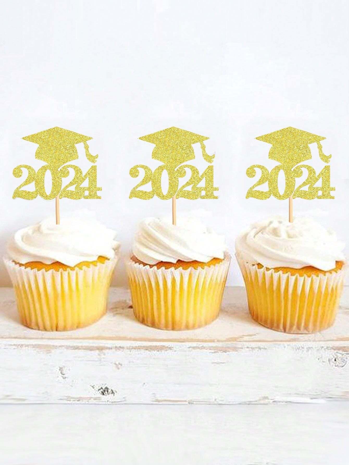10pcs 2024 Graduation Cap Cake Toppers, Paper Cupcake Decorating Picks