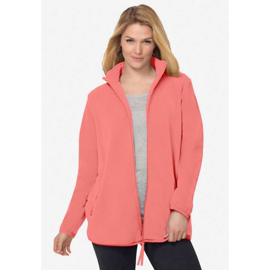 Woman Within Women's Plus Size Zip-Front Microfleece Jacket - SWEET CORAL - View 1