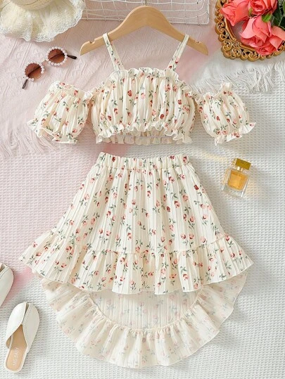 Bộ áo ba lỗ in họa tiết hoa hở vai không đối xứng và váy cho bé gái mùa hè