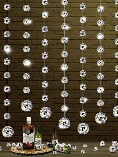 8 יחידות/סט כדורי מראה דיסקו חוט תלייה כסוף, קישוט למסיבה ויום הולדת בנושא פסטיבל, מסיבות בנושא מוזיקת דיסקו, מועדון, חתונה ופסטיבל מוזיקת ריקודים, קישוטים לבית, קישוט עץ כדור דיסקו, חג המולד